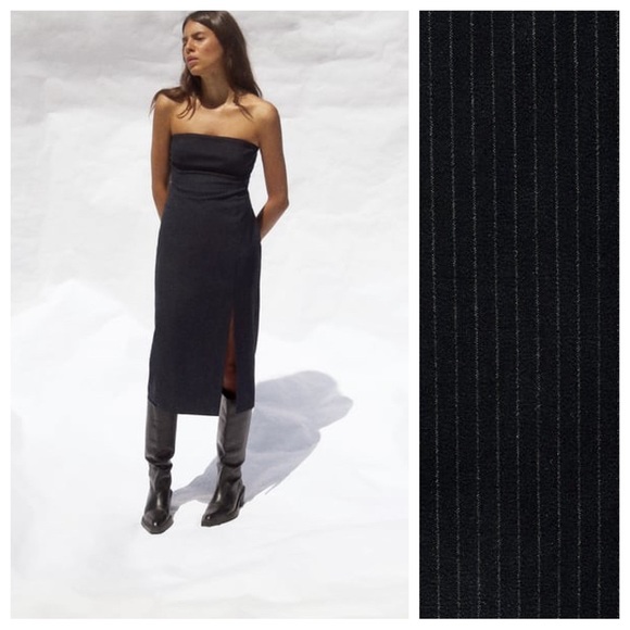 NWT. Zara Black/Ecru Viscose Blend Pinstripe Midi Dress. Size M. - Picture 1 of 9